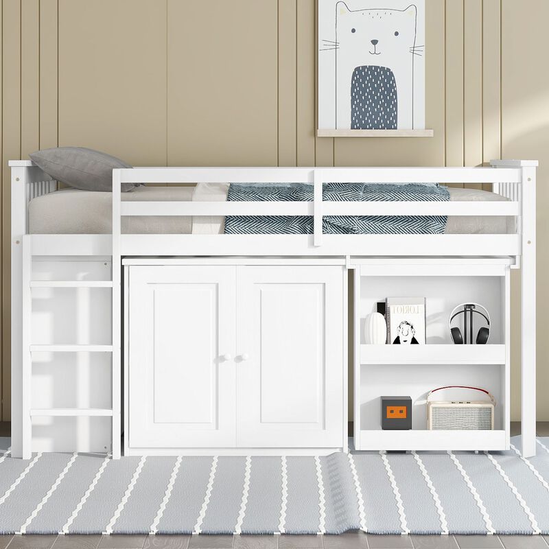 Whisen Twin Loft Bed with Drawers, Built-in Cabinet and Pulling-Out Desk, Rubber Wood Loft Bed with Safety Guardrail and Ladder - Gray