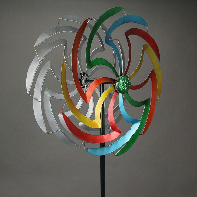 Colorful Anodized Finish Dual Flower Metal Wind Spinner Garden Stake 70 Inches image number 2