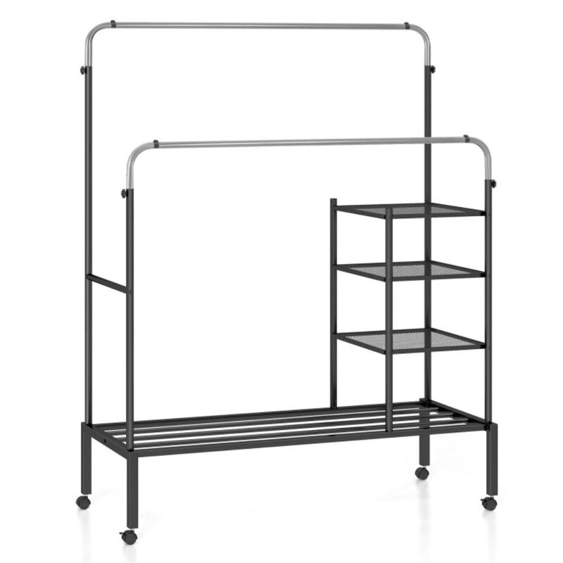 Hivvago Rolling Double Rods Garment Rack with Height Adjustable Hanging Bars