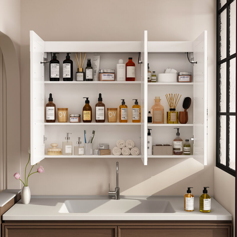 FUFU&GAGA LED Bathroom Mirror Cabinet with Independent Defogging and Adjustable Shelves (47.2" W x 35.4" H x 15.7" D), White