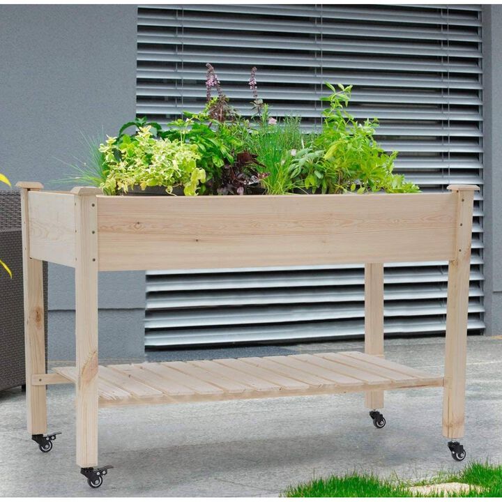 QuikFurn 2ft x 4ft Outdoor Solid Fir Wood Raised Garden Bed Planter Box on Locking Wheels