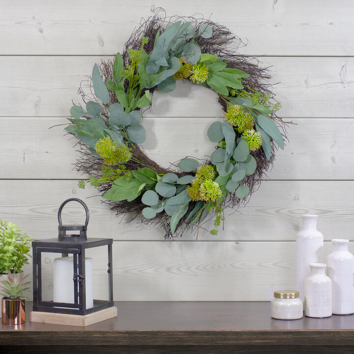 Olive Leaf and Floral Twig Spring Wreath  Green and White 23"