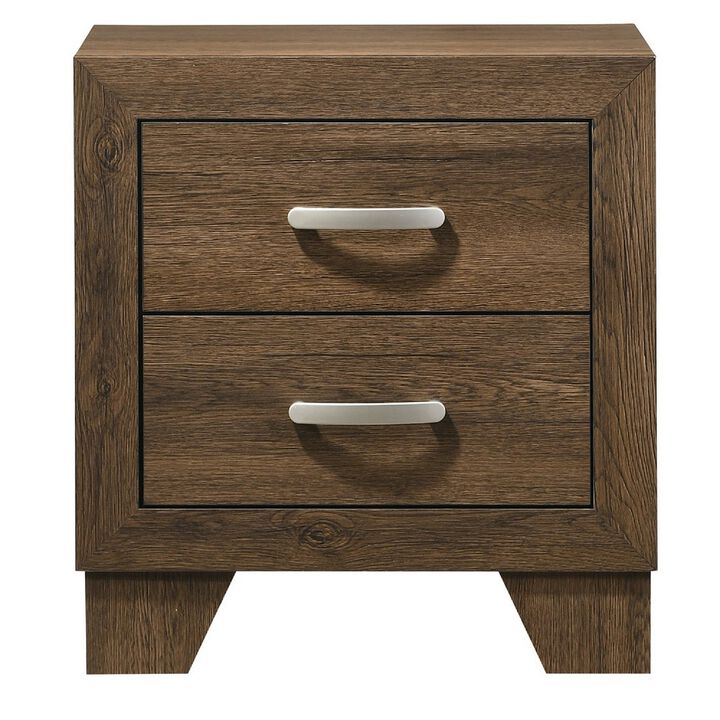 Transitional Style Wooden Nightstand with 2 Drawers and Metal Handles,Brown-Benzara