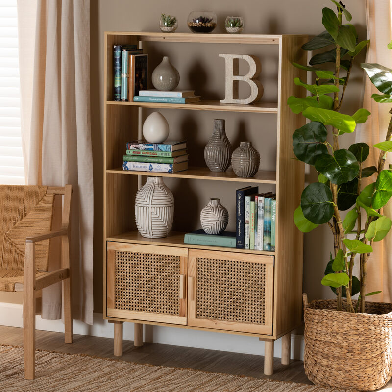 Baxton Studio Faulkner Mid Century Modern Natural Finished Wood and Rattan 2 Door Bookcase