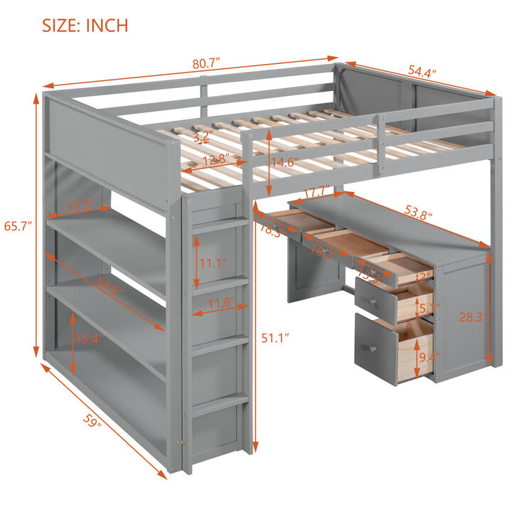 Full Size Loft Bed with Ladder, Shelves, and Desk, Gray