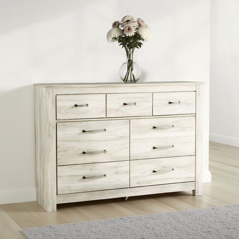 Simon Wide Dresser, 7 Drawers, Laminate Rustic Gray Whitewash Finish - Benzara