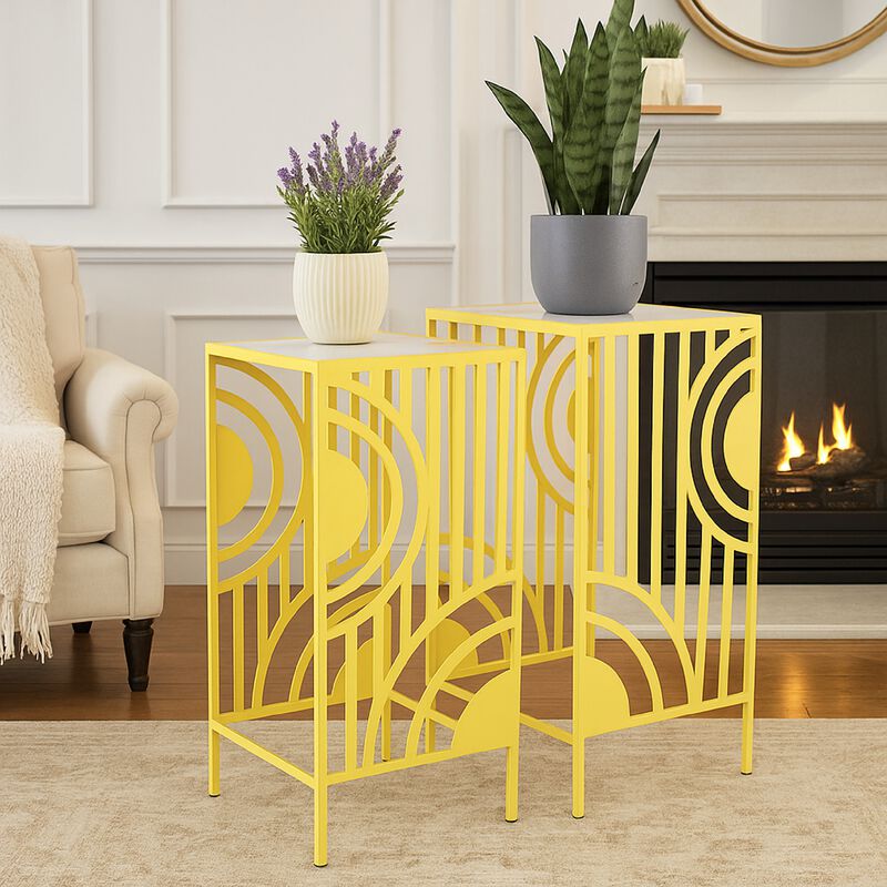 Percy Plant Stand Table Set of 2, Marble Top, Gold Metal 26, 24 Inch