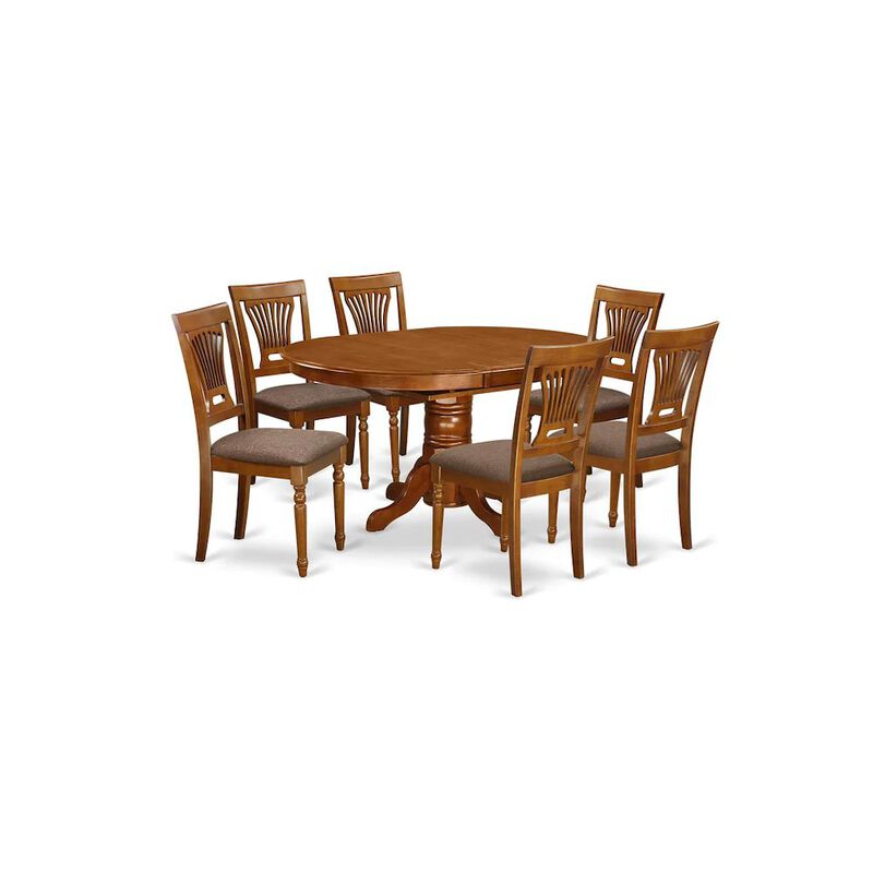 7 Pc Avon Dining Table featuring Leaf and 6 Fabric Seat Chairs in Saddle Brown .