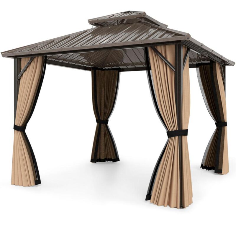 Hivvago Hardtop Gazebo with Netting and Curtain and Double-Roof Galvanized Metal Top image number 0