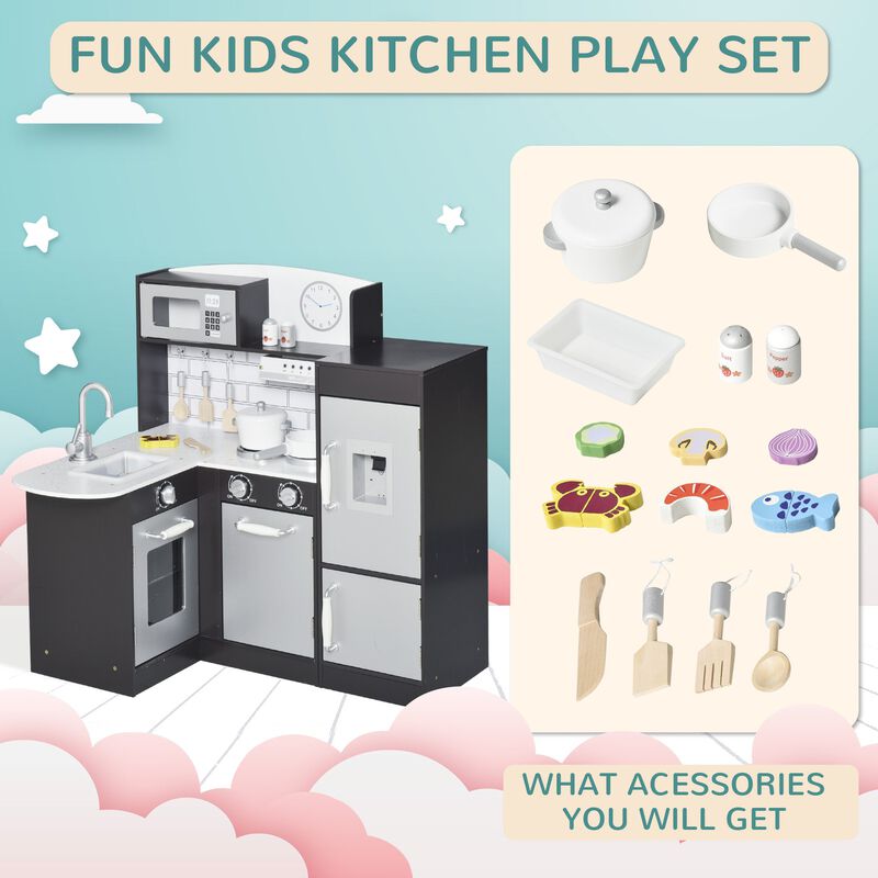 Kids Play Kitchen Set Pretend Wooden Cooking Toy Set  for Age 3 Years, Black