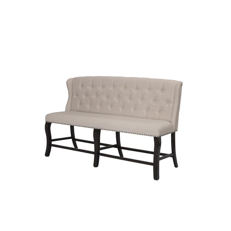 Best Quality Furniture Counter Height Upholstered Bench with Backrest, Tufted Buttons, and Nailhead Trim. Beige
