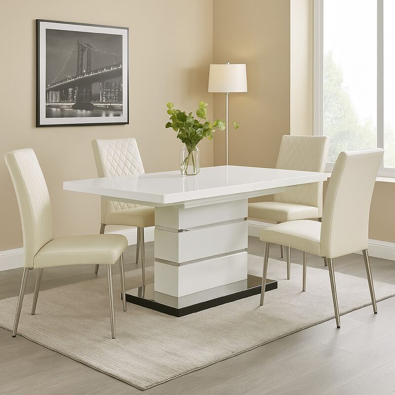 Extendable Dining Table with Metal Base, White and Silver - Benzara