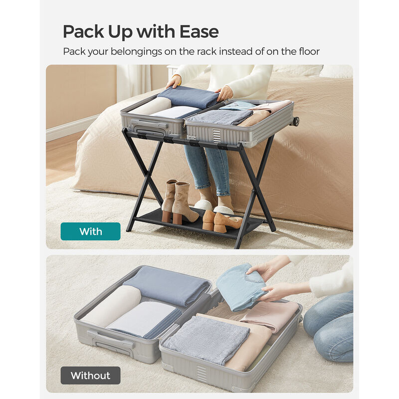 Luggage Rack for Guest Room &ndash; Folding Suitcase Stand with Durable Straps and Wooden Frame