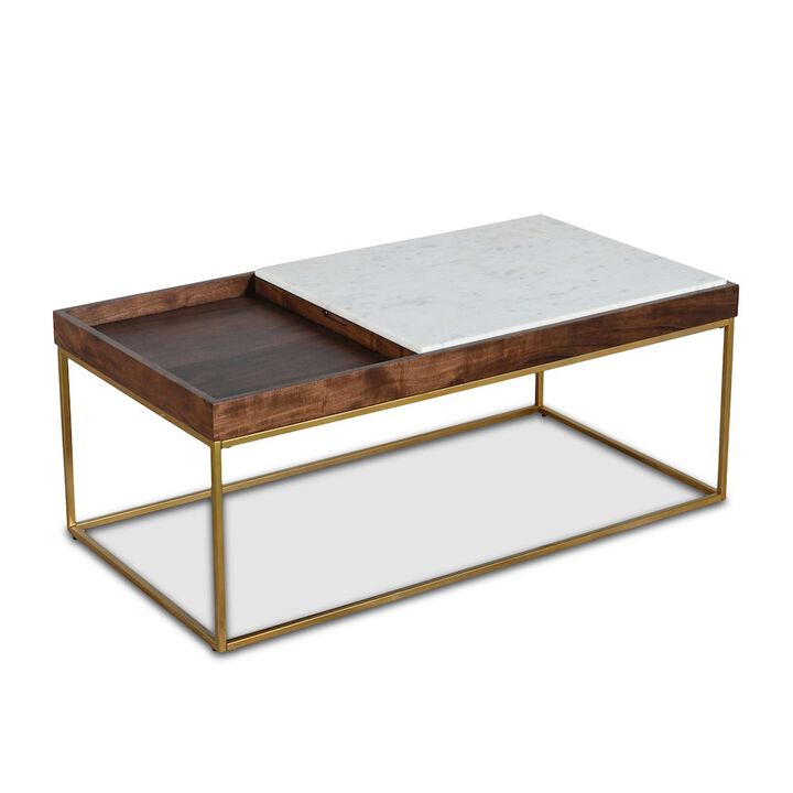World Interiors Aurora 45" Coffee Table in White Marble and Mango Wood with Walnut Finish