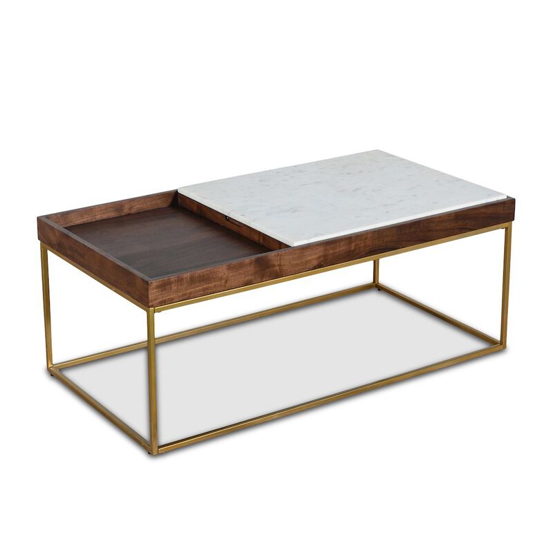World Interiors Aurora 45" Coffee Table in White Marble and Mango Wood with Walnut Finish image number 0