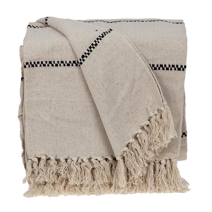 HomeRoots 52" X 67" Beige and Black Woven Cotton Striped Throw Blanket with Tassels