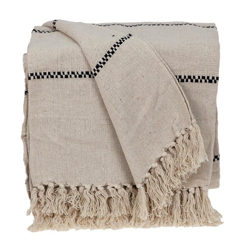 HomeRoots 52" X 67" Beige and Black Woven Cotton Striped Throw Blanket with Tassels image number 0