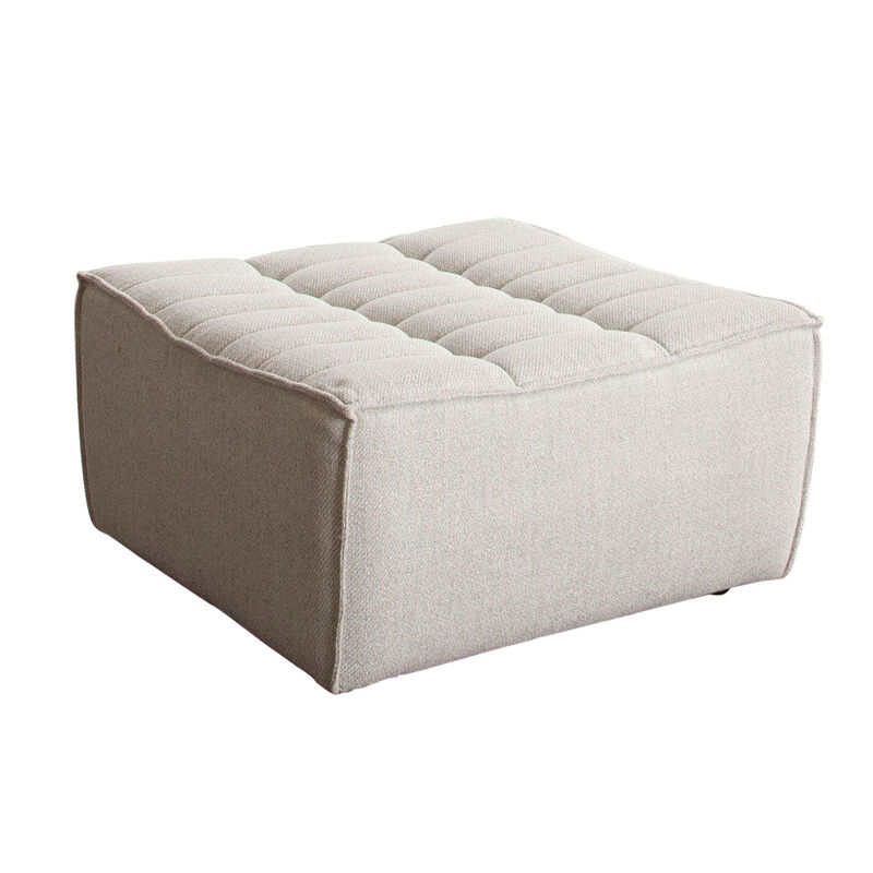 Ema Ottoman, Sand Beige Fabric, 31 Inch, Scooped Seat w Grid Tufting