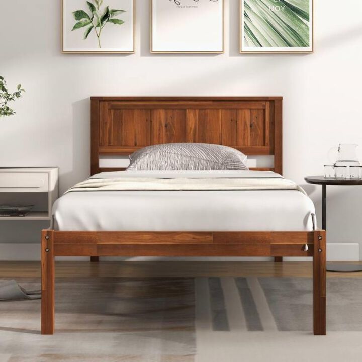 Hivvago Twin Size Retro Wood Platform Bed Frame with Headboard in Walnut