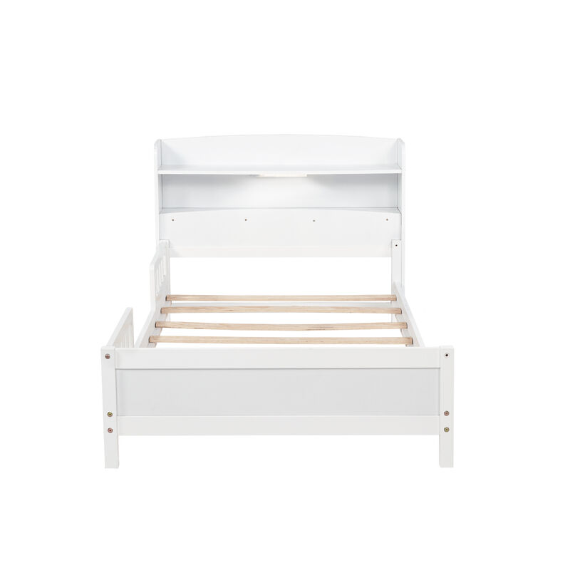 Whisen Twin Pine Wood Bed with Bookcase Headboard ,LED Motion Sensor Light, Guardrails-White