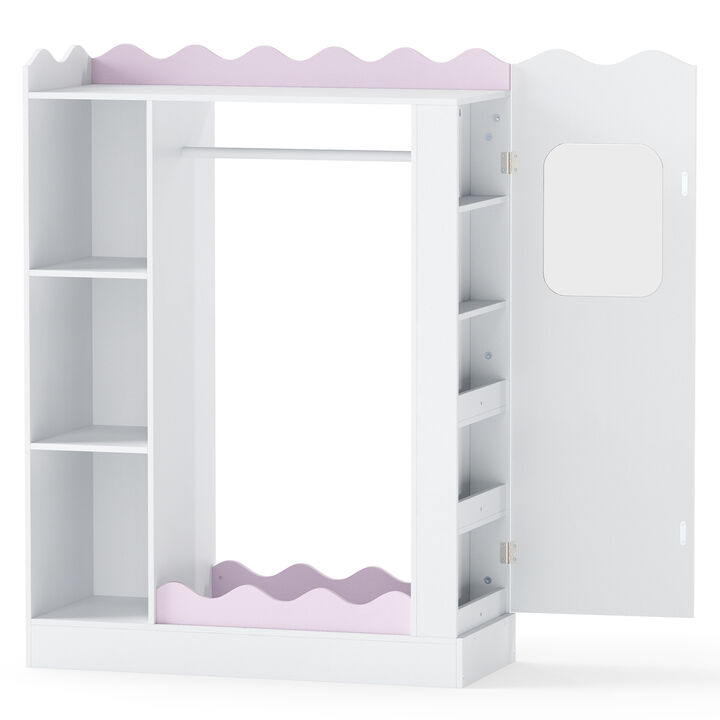 Kids Dress Up Closet with Mirror, Hanging Rod and Storage Shelves