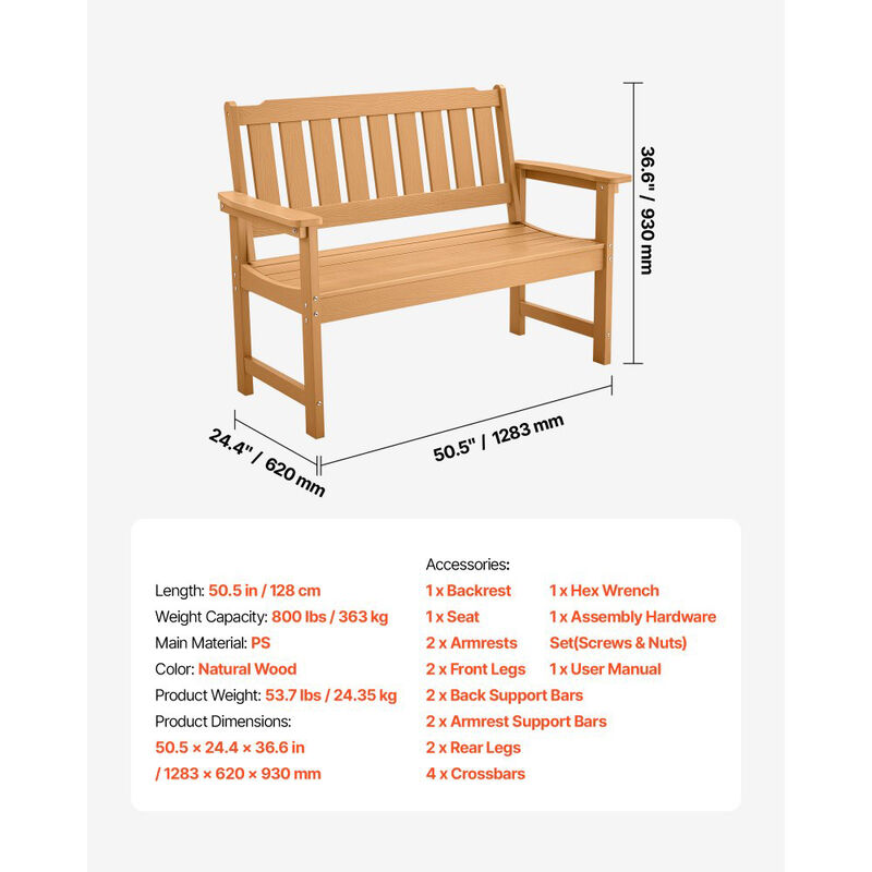 Patio Garden Bench for 2-3 Persons, Weatherproof Frame with Armrests image number 2