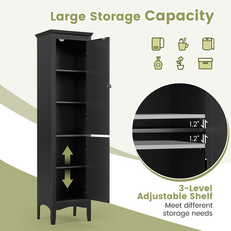 Costway Tall Bathroom Floor Cabinet Narrow Linen Tower with 2 Doors & Adjustable Shelf Grey