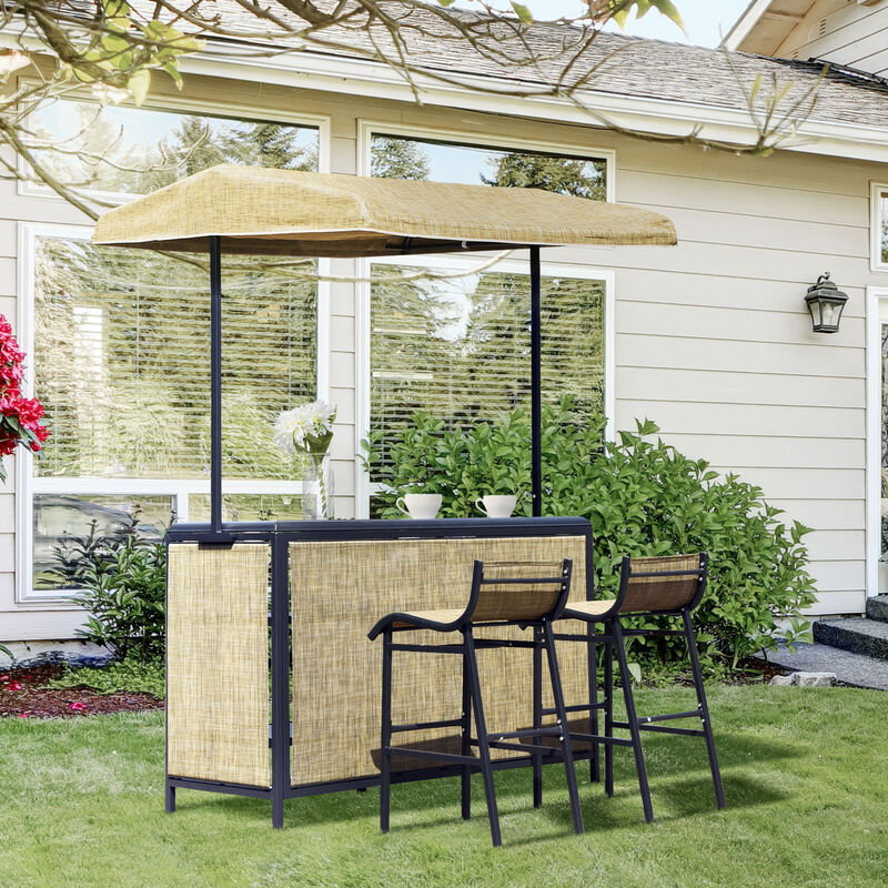 Outsunny 3 Piece Outdoor Bar Set for 2 with Canopy, Rectangular Table with Storage Shelves & Two Bar Chairs, Breathable Mesh