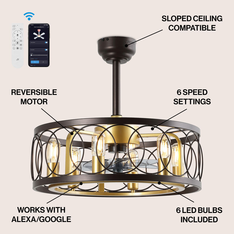 Celeste 6-Light Industrial Farmhouse 6-Speed Metal Mobile-App Remote-Controlled Caged LED Ceiling Fan