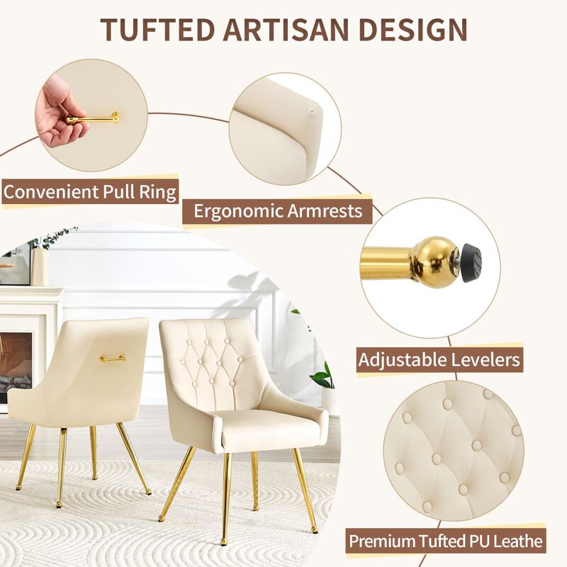 Set of 2 Faux Leather Dining Chairs Diamond Tufted Open Back Side Chairs with Metal Handle Spring and Foam Cushioned Accent Chairs image number 4