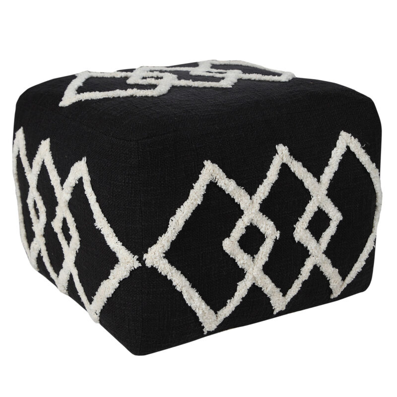Cotton Upholstered Geometric Pouf – Round Ottoman Seat for Living Room