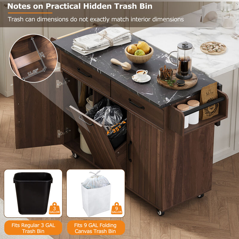 Merax Rolling Kitchen Island with Tilt-Out Trash Cabinet, Drop Leaf, 2 Drawers, 2 Cabinets image number 3