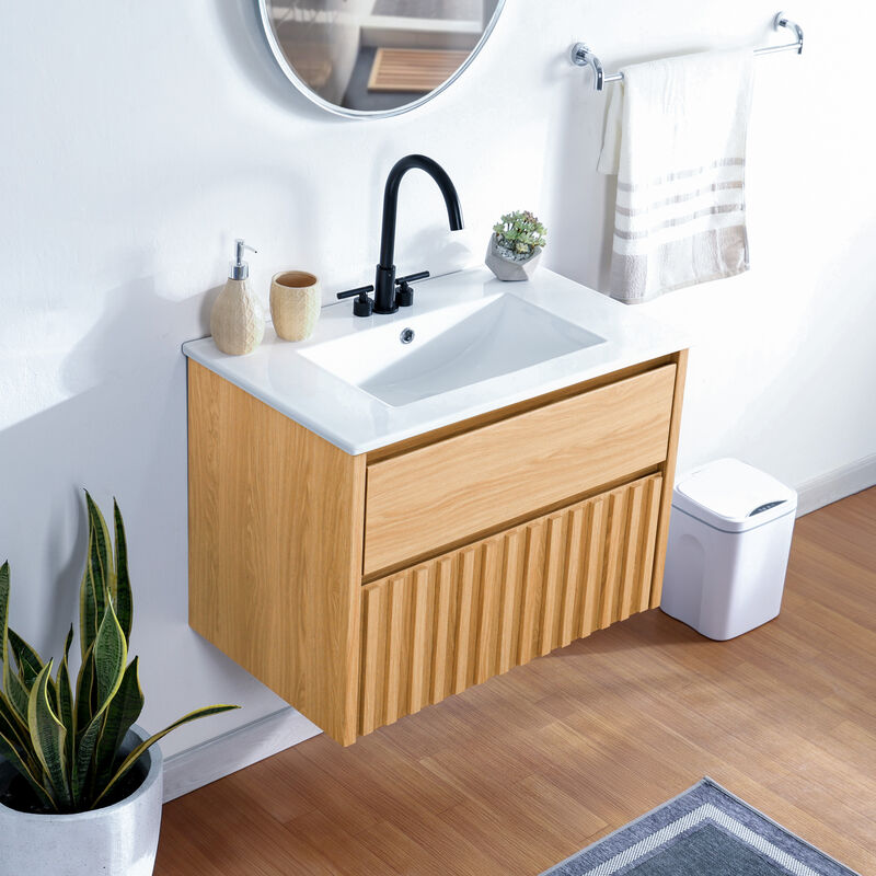 Sherwin 30" Slat Modern Coastal 2-Drawer Wall Mounted Bath Vanity Cabinet Only (Sink Basin Not Included) image number 4