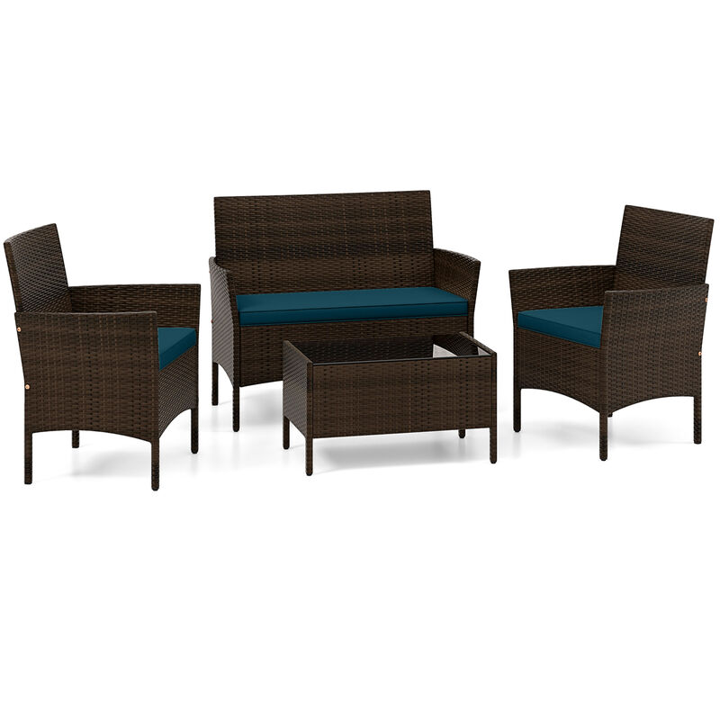 4 Piece Patio Rattan Conversation Set with Cozy Seat Cushions