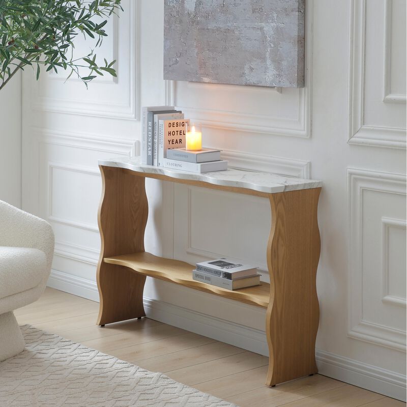 Whisper of Waves Modern Console Table with Marble Pattern Top & Solid Wood Veneer Shelf image number 3