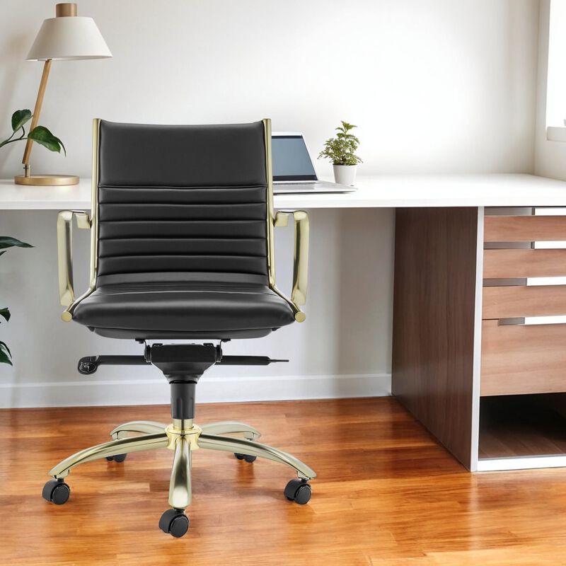 HomeRoots Black and Gold Steel and Faux Leather Adjustable Swivel Rolling Conference Office Chair