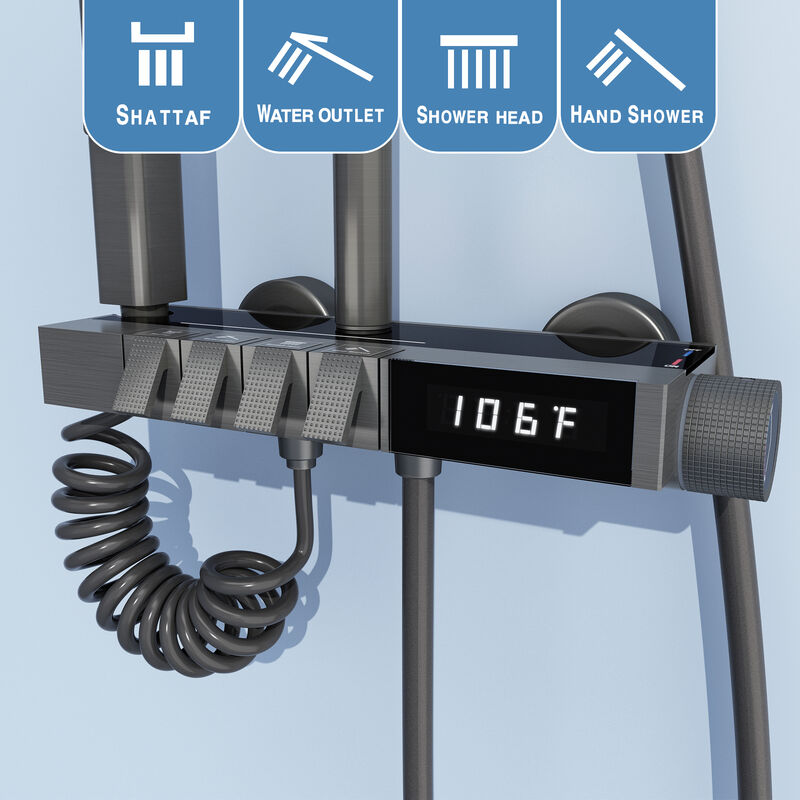 FUFU&GAGA Modern Shower System with Copper Valve Core, 201 Stainless Steel Pipe, PVC Spray Heads, and Fahrenheit Temperature Display, Complete Bathroom Fixture, (11.8" L x 7.9" W x 46.7" H), Black