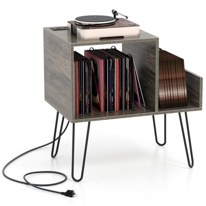 Hivvago Mid-century Record Player Stand with Power Outlet and Vinyl Divider