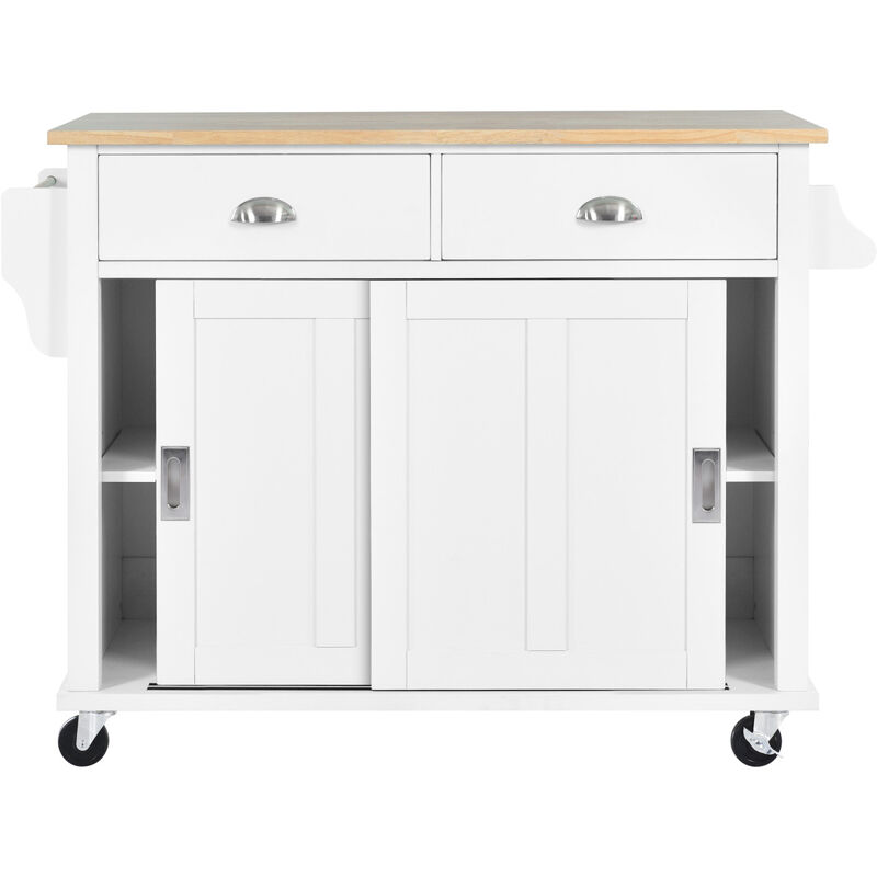 Kitchen Cart with Rubber wood Drop-Leaf Countertop, Concealed sliding barn door adjustable height, Kitchen Island on 4 Wheels with Storage Cabinet and 2 Drawers, L52.2xW30.5xH36.6 inch, White