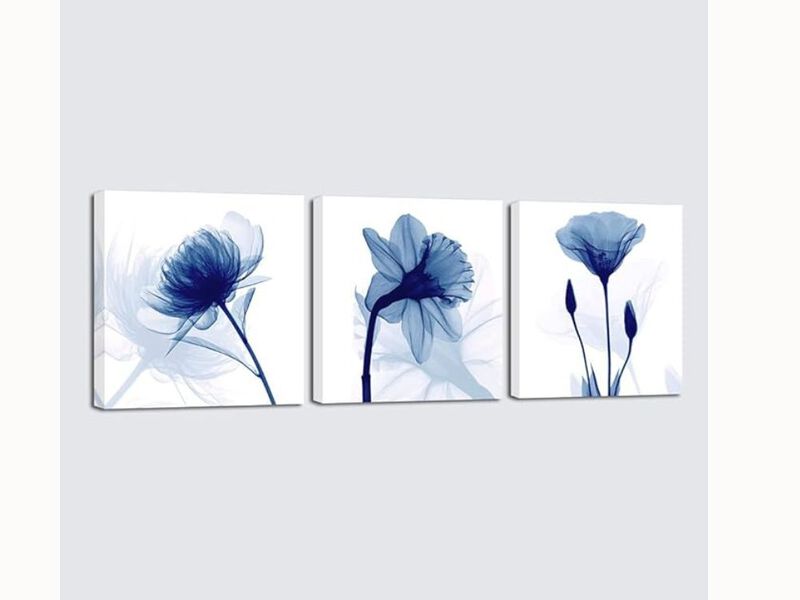 Blue Abstract Flowers Canvas – 3-Panel Giclée Prints for Living Room & Bedroom Wall Décor