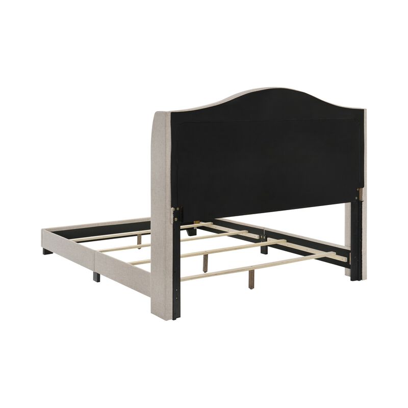 Queen Size Bed, Beige Fabric Upholstered, Camel Back, Button Tufted - Benzara