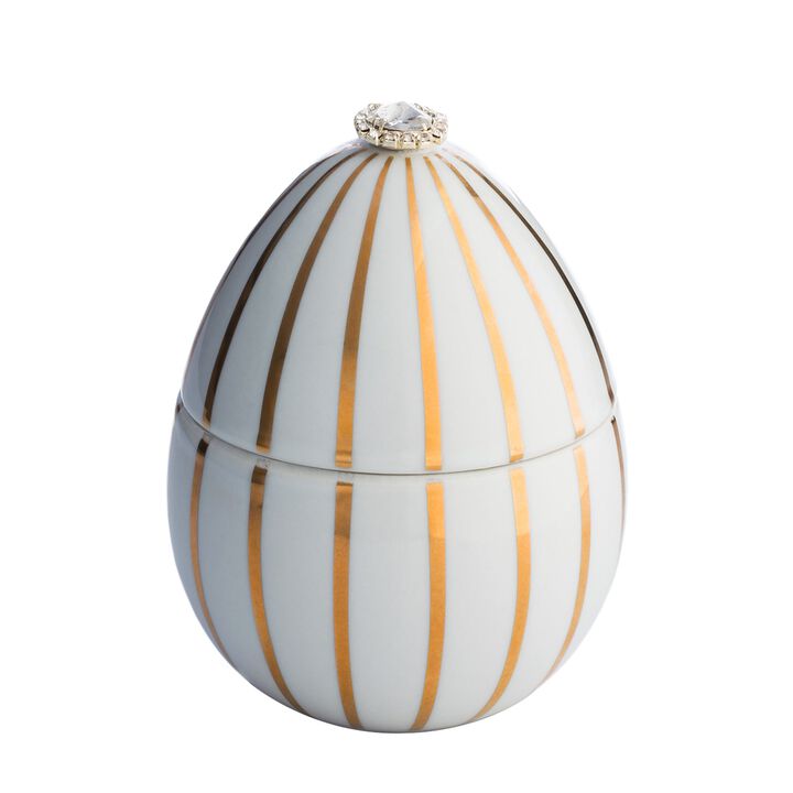 Candle in Ceramic Egg BOIS DE ROUSSIE 7 oz White Gold Stripes 5.12 diam. x 6.5 in
