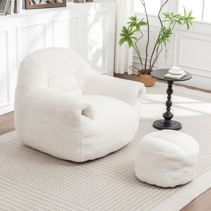 Comfy Bean Bag Sofa with Back Support and Footstool, Faux Fur Bean Bag Chair, Stuffed Floor Sofa