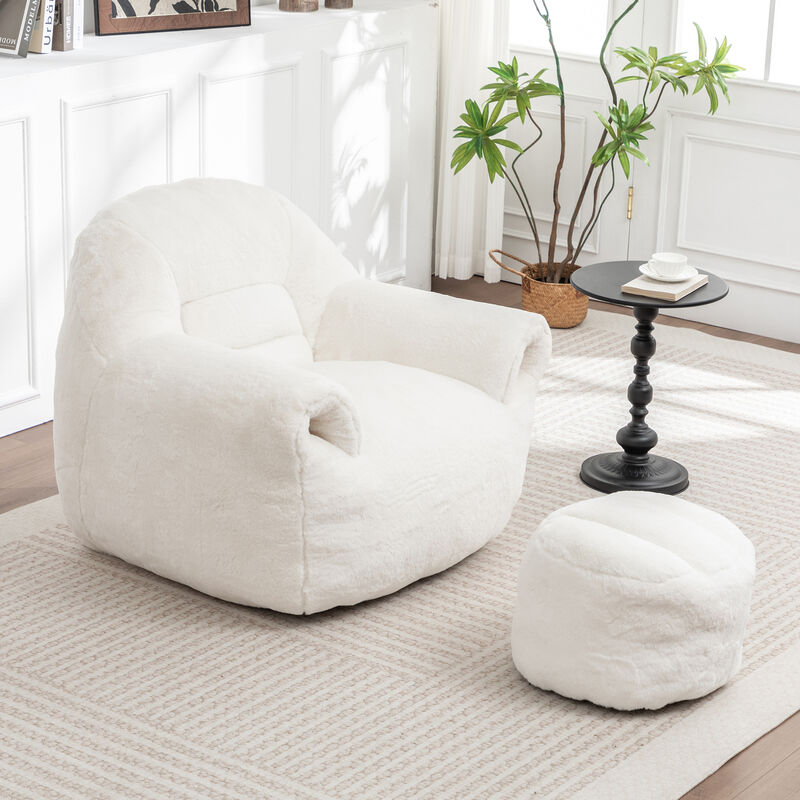 Comfy Bean Bag Sofa with Back Support and Footstool, Faux Fur Bean Bag Chair, Stuffed Floor Sofa image number 1