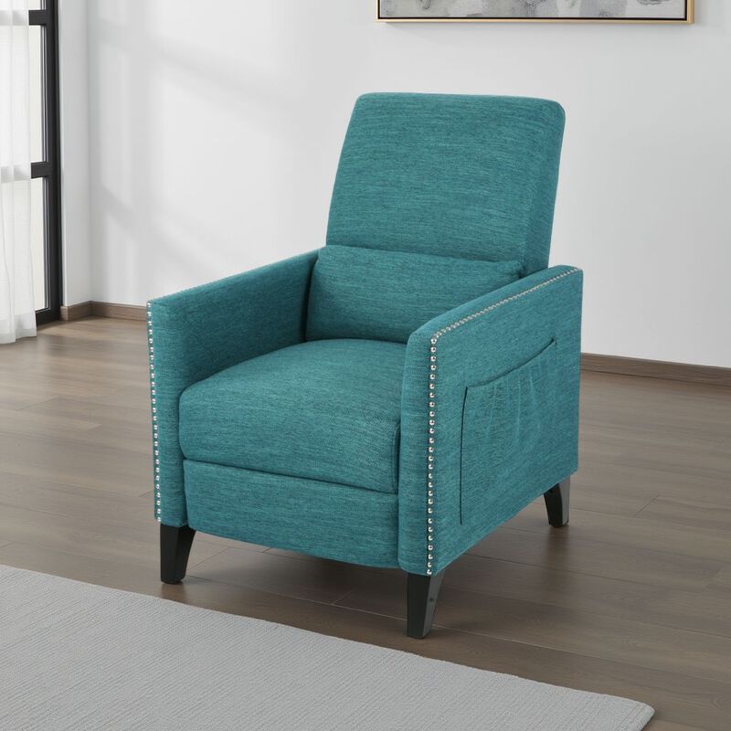 Davy Pushback Recliner Chair, Nailhead Trim, Birch Wood, Teal Fabric - Benzara