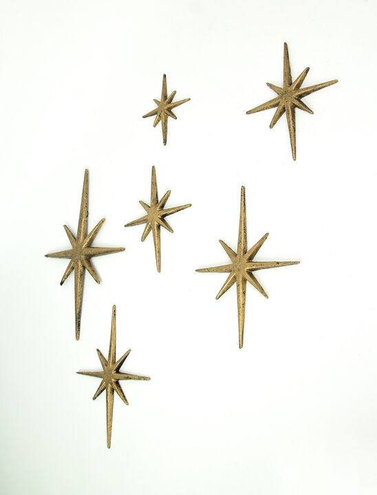 Set of 6 Metallic Gold Cast Iron Starburst Wall Hangings 8 Pointed Stars