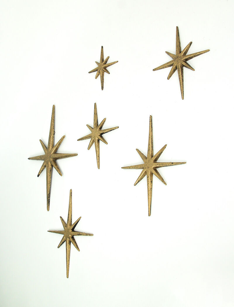 Set of 6 Metallic Gold Cast Iron Starburst Wall Hangings 8 Pointed Stars image number 1