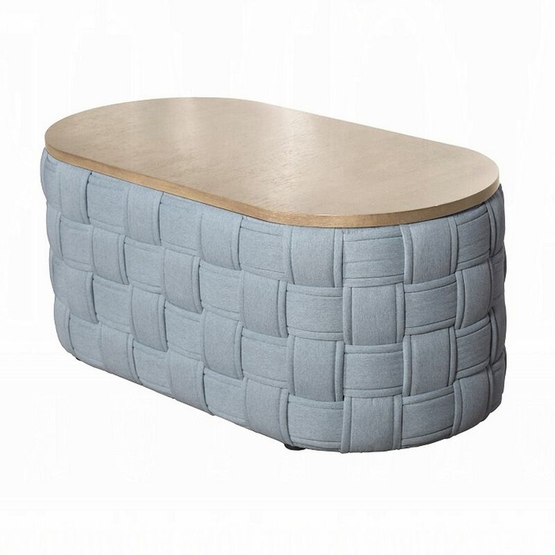 Reah Coffee Table, Knitted Light Blue Chenille, Brown Wood, 41 Inch