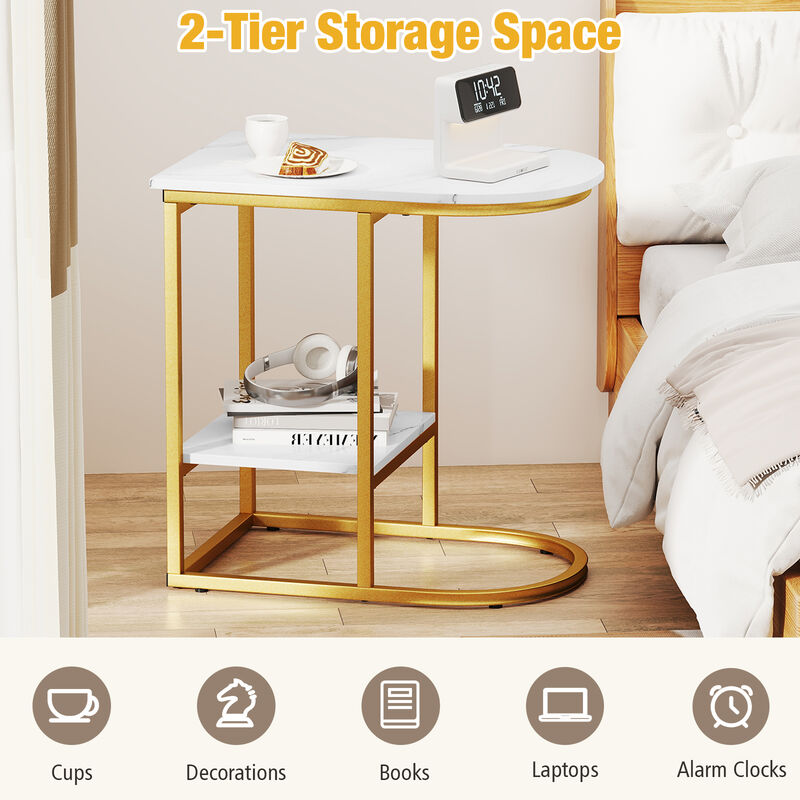 Space-Saving C-Shaped Sofa Side Table with Faux Marble and Storage Shelf