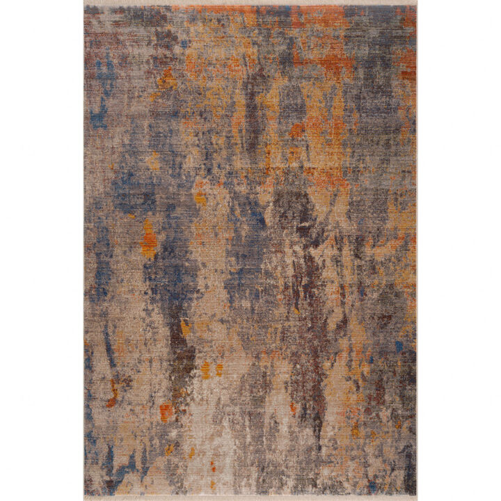 4 X 6 gray Beige Blue And Yellow Abstract Power Loom Distressed Stain Resistant Area Rug